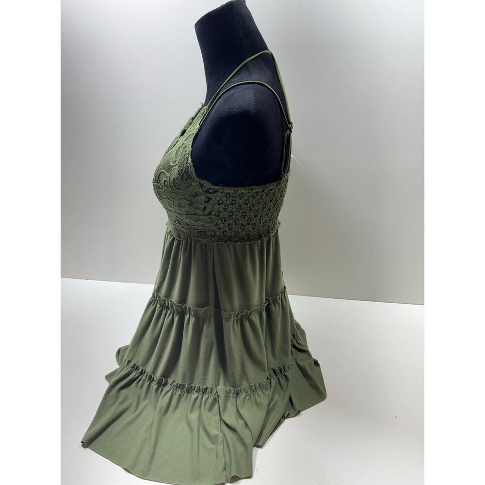 Y2K Boho Babydoll Tiered Mini Dress Green Sz Large Strappy Juniors Coquette - Picture 2 of 11